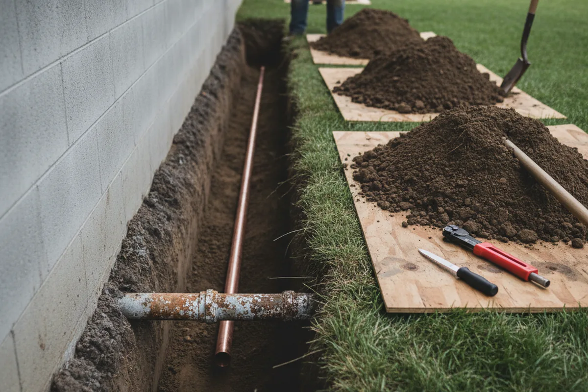 Excavated water line trench during Water Heater Repair in Veedersburg